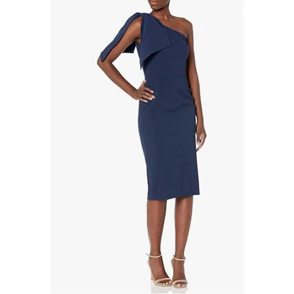 DRESS THE POPULATION Tiffany One Shoulder Sheath Dress Large Midnight Blue NWT - Picture 1 of 9